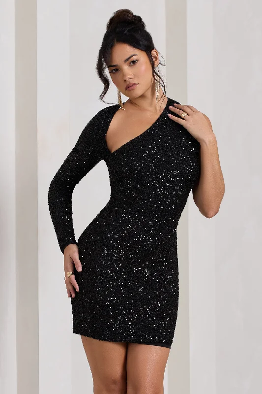 Style Redefined Siren | Black Sequin One Shoulder Bodycon Mini Dress Exquisite Craftsmanship