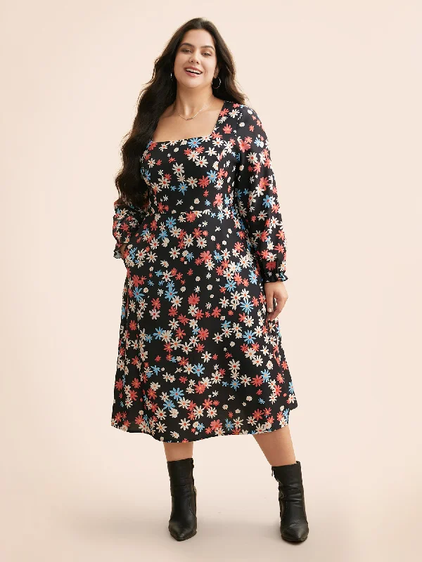 Dive Into Trendy Styles Floral Square Neck Lantern Sleeve Dress Today Only