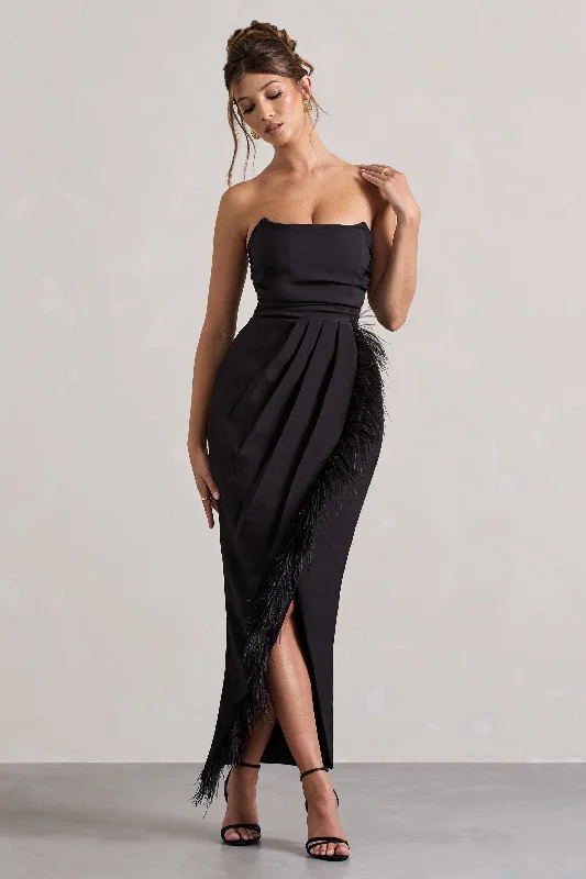 End Of Season Sale Chosen | Black Bandeau Wrap Maxi Dress With Feather Trim Art Deco Geometric Pattern Look