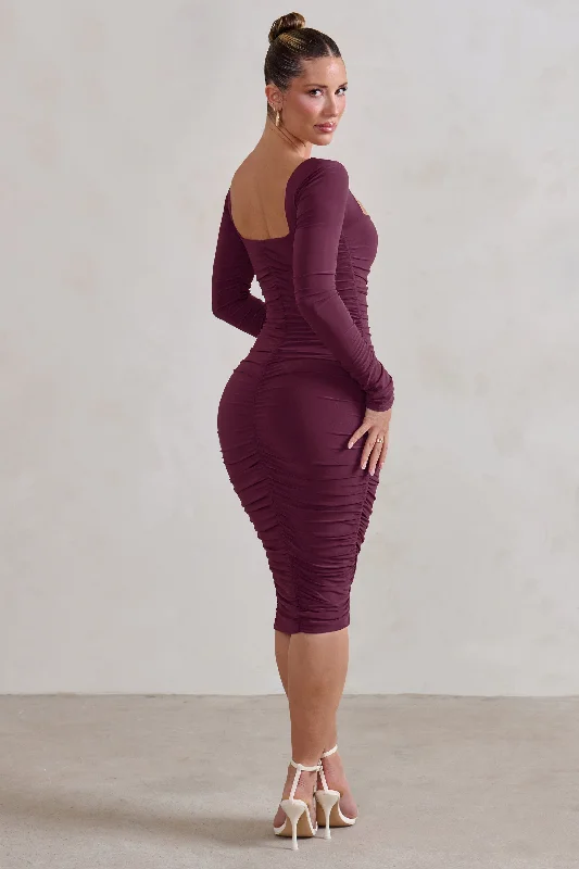 Stay Ahead In Style Seductress | Burgundy Square Neck Bodycon Midi Dress With Long Sleeves Minimalist Elegant