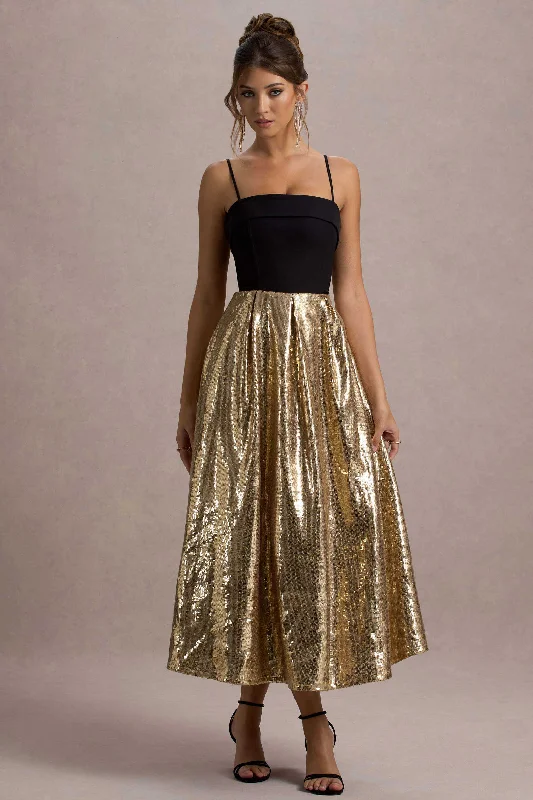 Flash Sale Fever Nicci | Black & Gold Strappy Midi Dress With Sequin Skirt Playful Elegance