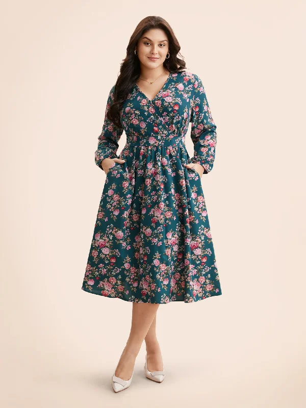 Buy More, Save More Floral Overlap Collar Gathered Dress Elevated Style