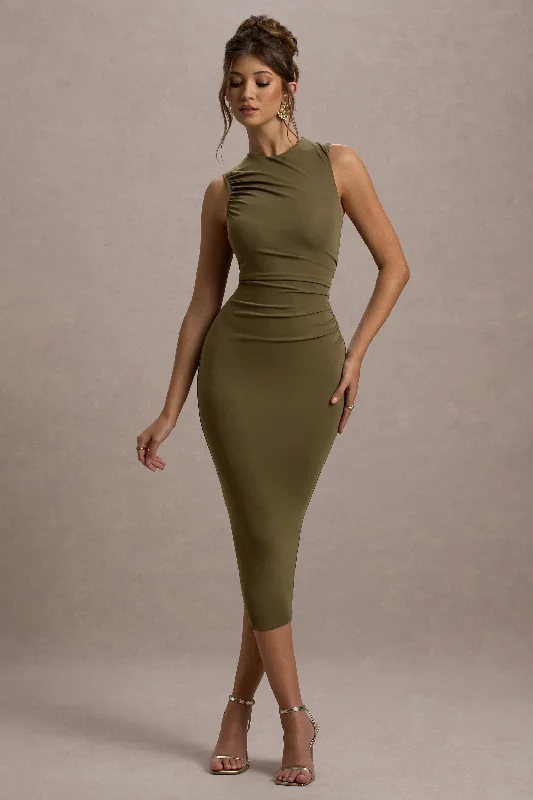 Fashion Sale Jemma | Khaki Bodycon Ruched Midi Dress Vibrant Prints