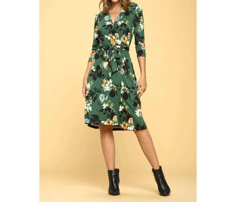 Hurry Before It'S Gone Floral Print V-Neck Wrap Dress In Green Vintage Look