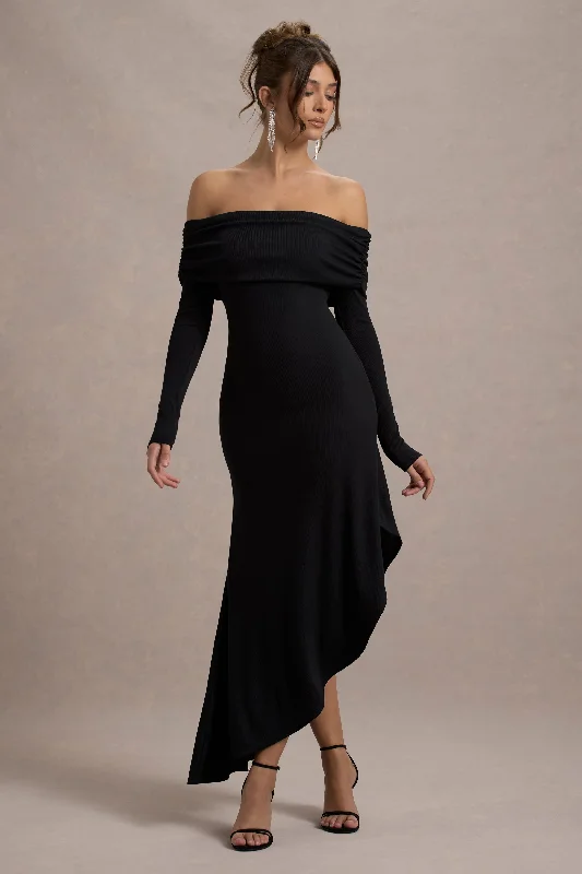 Avant-Garde Style Promotions Romina | Black Rib Knit Bardot Maxi Dress With Asymmetric Hem Romantic Detailing