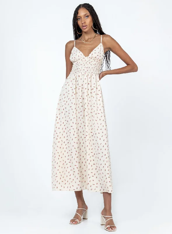 The Good Stuff Roza Midi Dress Beige Flowy Fabric