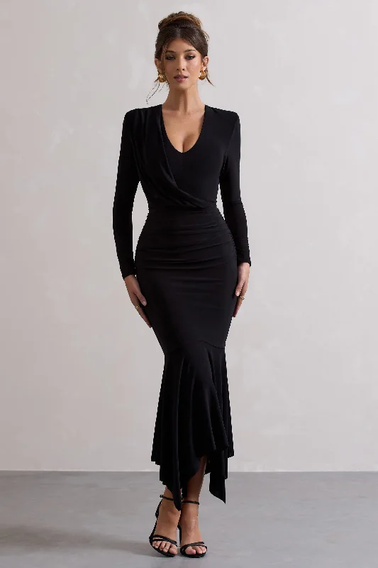 Modern Chic Discounts Milena | Black Plunge-Neck Maxi Dress With Draped Hem Subtle Sophistication