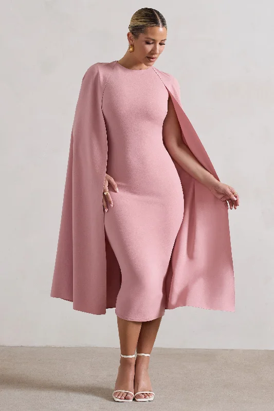 End Of Season Sale Rafaela | Blush Pink Bodycon Midi Dress With Cape Sleeves Feminine Elegance