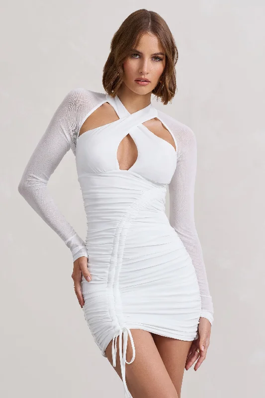 Exclusive Designer Style Deals Eyes On You | White Long Sleeve Halter Neck Mini Dress Tropical Island - Inspired Attire