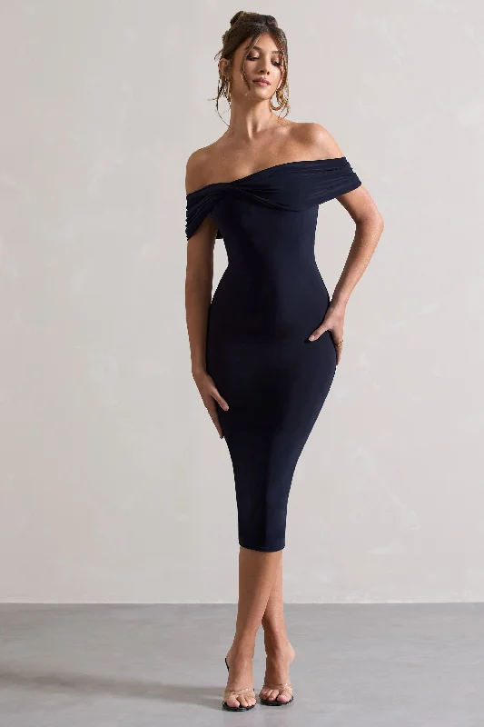 Trendy Threads Keely | Navy Bodycon Twisted Bardot Midi Dress Elegant Contour