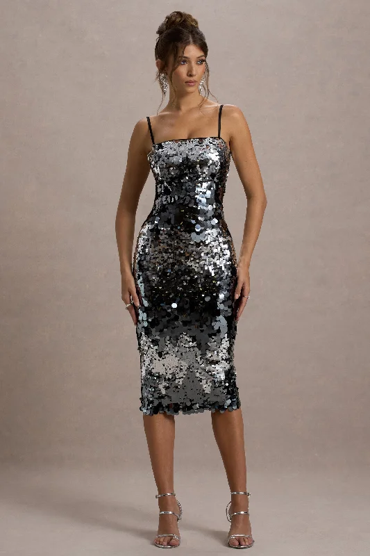 Feminine Luxe Style Sale Azure | Silver Sequin Strappy Midi Dress Elegant Details