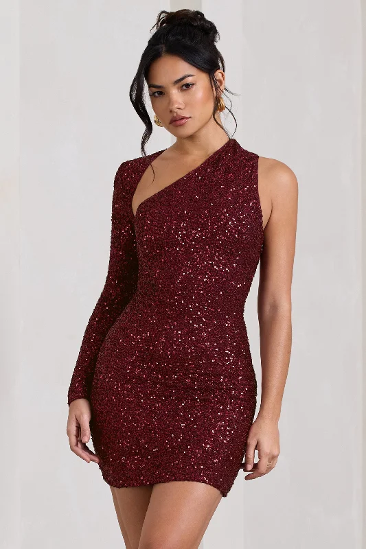 Timeless Elegance Redefined Siren | Burgundy Sequin One Shoulder Bodycon Mini Dress Graceful Cut