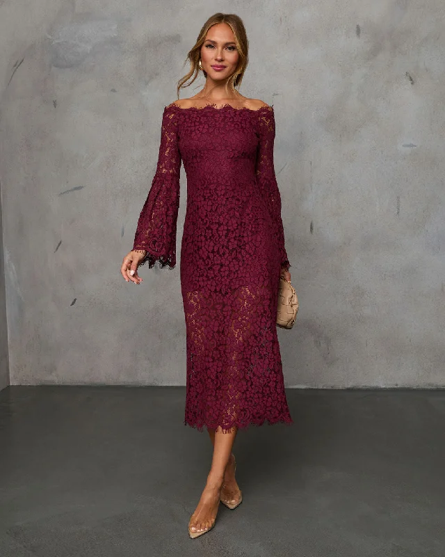 Fashion Forward On Your Mind Off Shoulder Lace Midi Dress Feminine Elegant