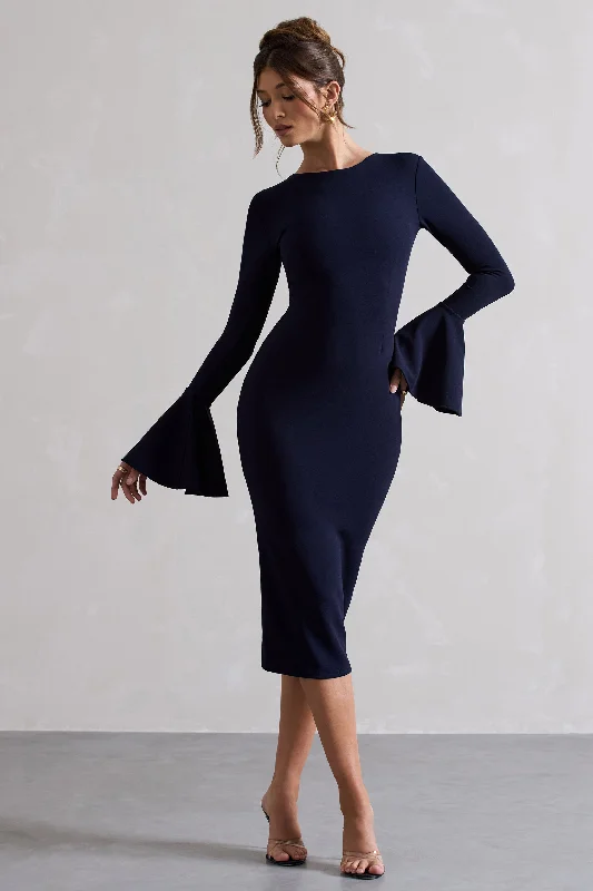 Chic & Cozy Collection Rhyanne | Navy Bodycon Flared-Sleeve Midi Dress Romantic Flair