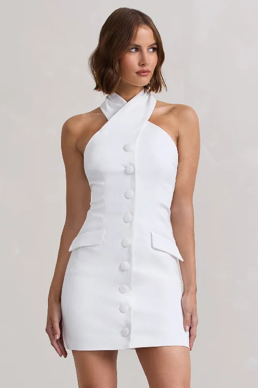 Boutique Styles Dani | White Halter Neck Tailored Buttoned Bodycon Mini Dress Feminine Soft - Hued Look