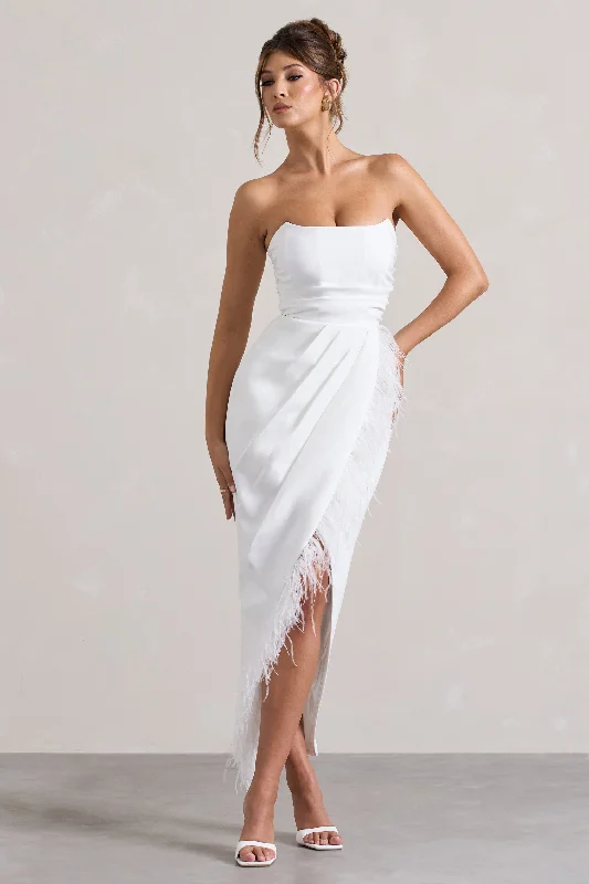 Clearance Event Chosen | White Bandeau Wrap Maxi Dress With Feather Trim Coastal Beach - Inspired Style