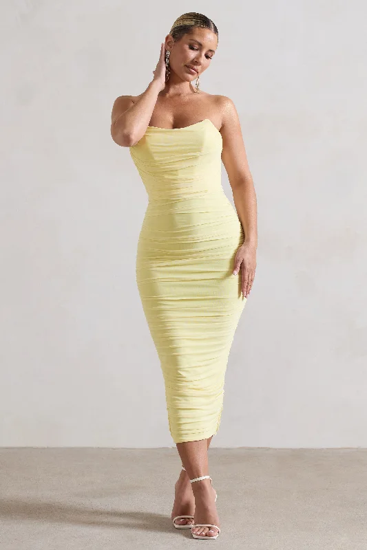 Day-To-Night Styles Nylah | Lemon Ruched Corset Bodycon Midi Dress Lightweight Fabric