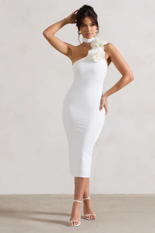 Chic Styles The Soiree | White Bodycon Midi Dress With Ruffled Choker Romantic Detailing