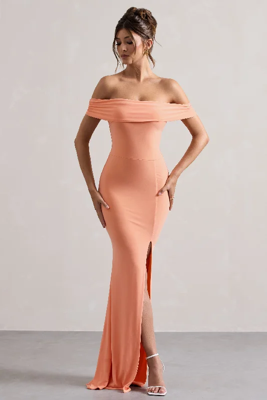 Fashion Deal Law of Attraction | Coral Bardot Draped Split Maxi Dress Chic Urban Fashion Look