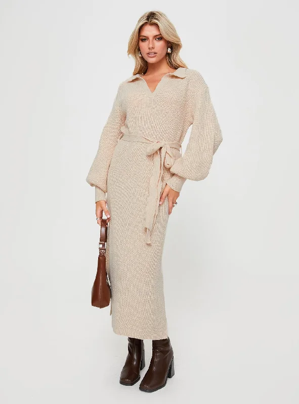 Relaxed Style Deals Oriel Long Sleeve Knit Maxi Dress Beige Feminine Grace