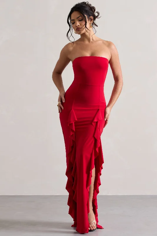 Timeless Style Promotions Susan | Red Bandeau Maxi Dress With Ruffled Splits Graceful Cut