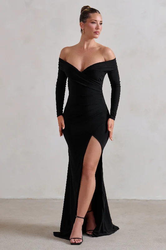 Don't Miss Out One Moment | Black Bardot Wrap Ruched Split Maxi Dress Effortless Grace