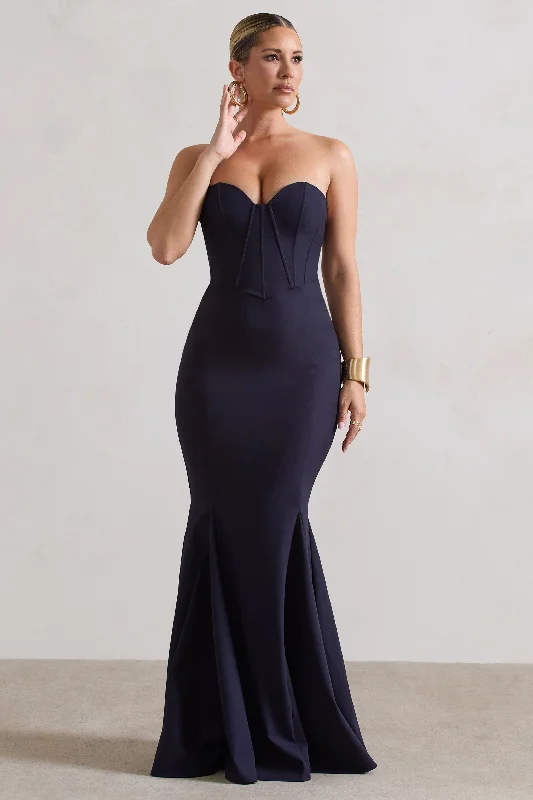 Sophisticated Street Style Offers Idyllic | Navy Strapless Corset Style Fishtail Maxi Dress Minimalist Elegant