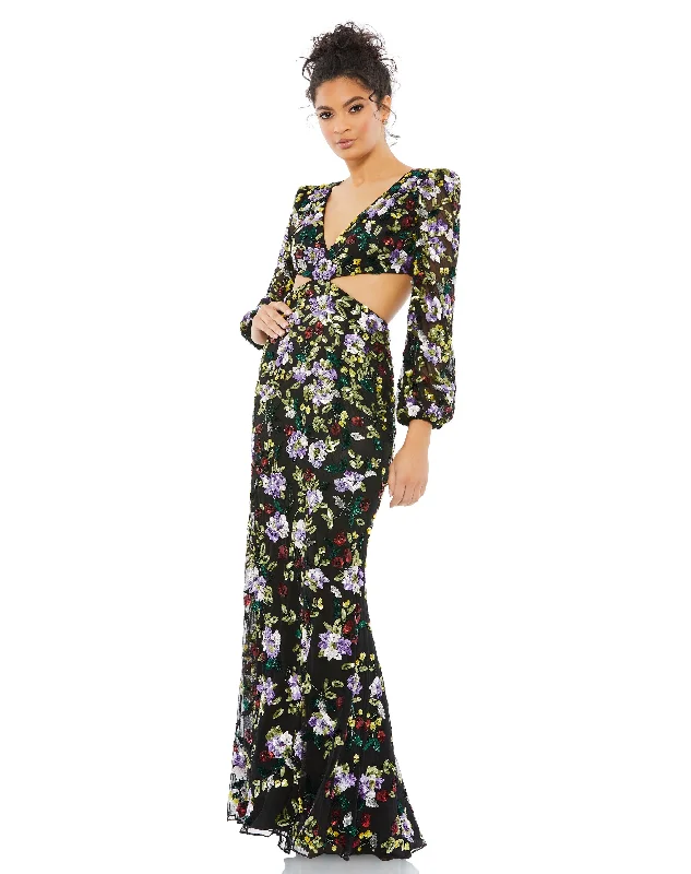 Vibrant Style Promotions Floral Embellished Long Sleeve Cut Out Gown Feminine Soft - Hued Look