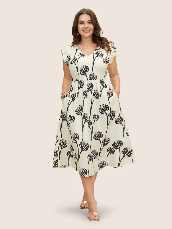 Discount Extravaganza V Neck Floral Print Ruffle Cap Sleeve Dress Romantic Detailing