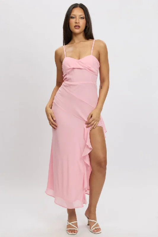 Avant-Garde Style Promotions Pink Bodycon Dress Maxi Ruffle Slit Chiffon Elegant Ensemble