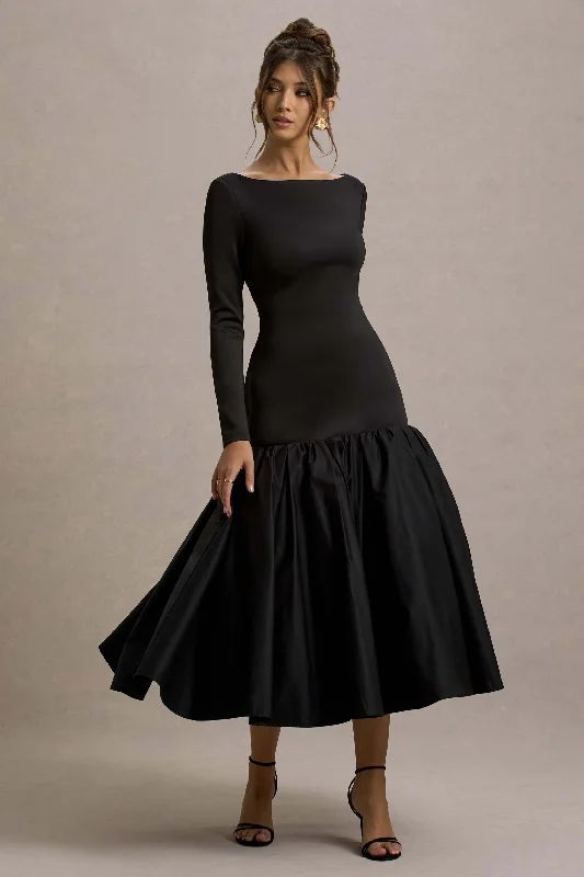 Flash Sale Perpetua | Black Drop-Waist Midi Dress With Volume Skirt Modern Romance