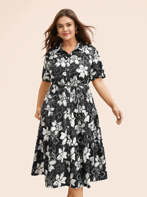 Unbeatable Deals Floral Shirt Collar Belted Midi Dress Vintage Elegance