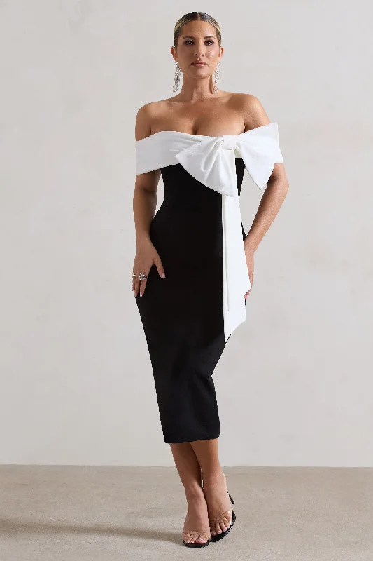 Fashionista Favorites You Wish | Black Bodycon Bandeau Midi Dress With Oversized White Bow Chic Allure