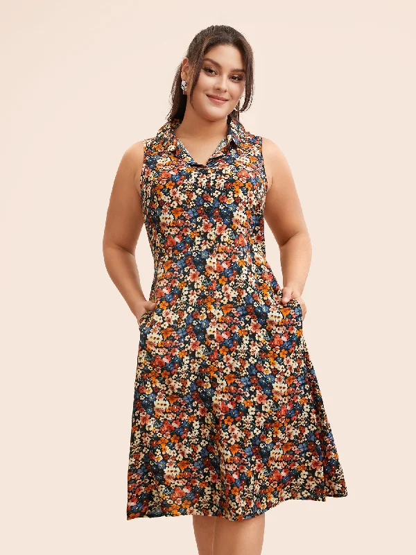 Special Offers Shirt Collar Ditsy Floral Sleeveless Dress Feminine Charm