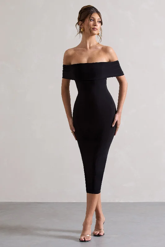 Get The Latest Trends Averie | Black Bodycon Bardot Midi Dress Boho - Chic Festival - Ready Style