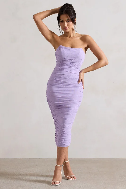 Trend Alert Nylah | Lilac Ruched Corset Bodycon Midi Dress Playful Elegance