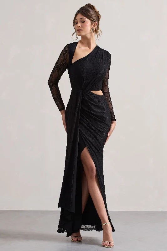 Valentine's Special Chantilly | Black Lace Asymmetric Cut-Out Draped Maxi Dress Dreamy Draping