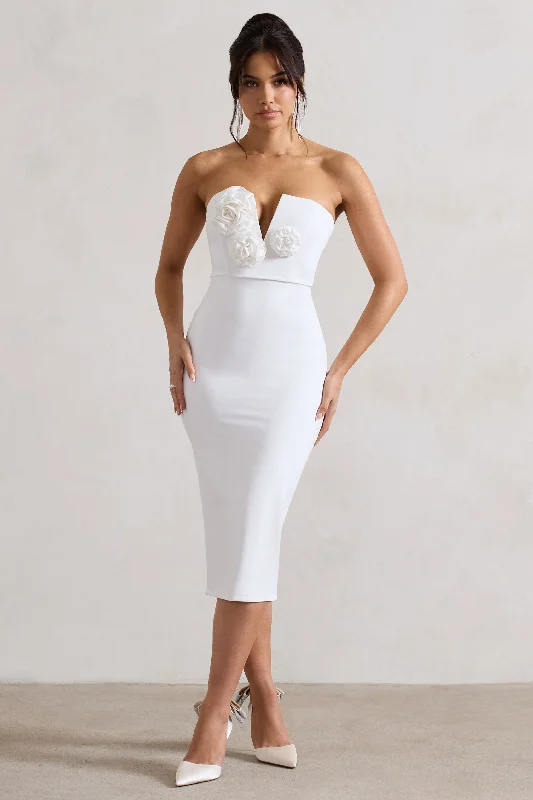 Premium Style Fanciful | White Bodycon V-Neck Midi Dress With Flowers Boho - Chic Festival - Ready Style