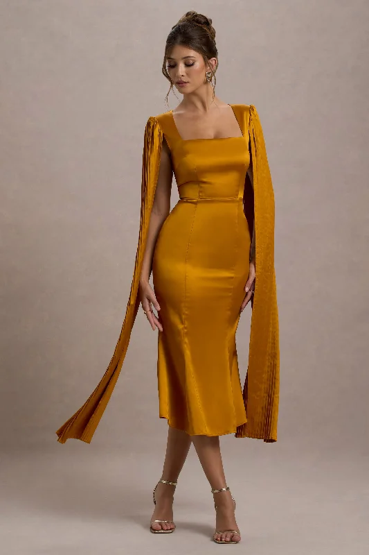 Vintage-Inspired Style Offers Nalda | Mustard Square-Neck Midi Dress With Cape Sleeves Boho - Chic Festival - Ready Style