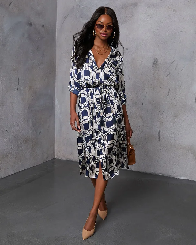 Affordable Trendy Fashion Chantel Waist Tie Printed Midi Dress Refined Simplicity