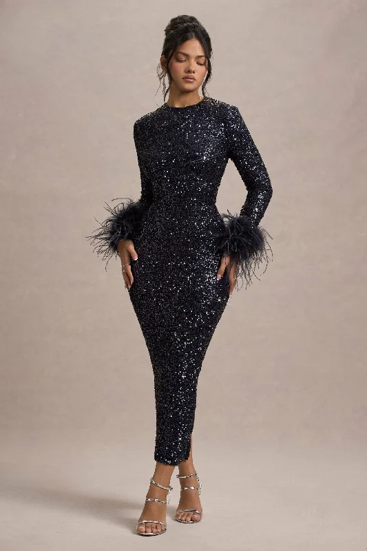 Limited-Time Offer Analina | Navy Sequin Long-Sleeved Midi Dress With Feather Cuffs Save on Classic Elegant Styles