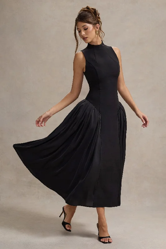 Avant-Garde Style Promotions Napoli | Black High-Neck Volume-Skirt Midi Dress Limited - Edition Drops