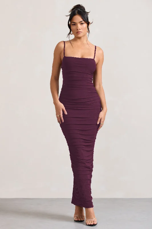 Limited Time Deal Ellis | Plum Ruched Mesh Strappy Bodycon Maxi Dress Casual Elegance