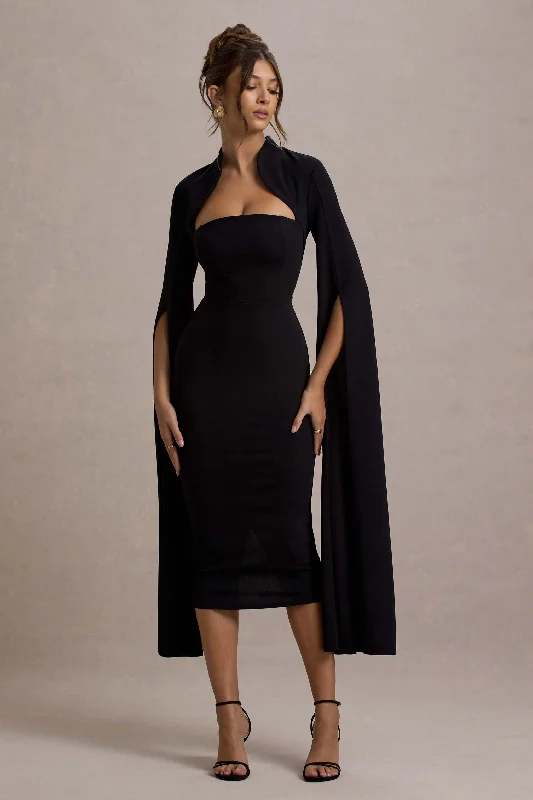 Casual Chic Linden | Black Bodycon Cape-Sleeve Midi Dress Minimalist Office - Ready Style