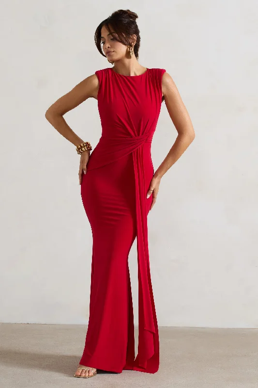 Affordable Luxury Fashion Kadie | Red Sleeveless Gathered Maxi Dress With Drape Elegant Contour