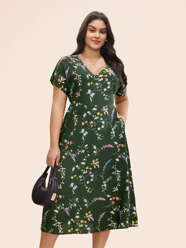 Hot Sale Floral V Neck Dolman Sleeve Midi Dress Grab Romantic Date - Night Styles Now