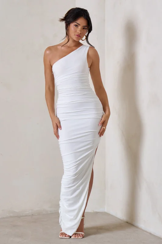 Fall Sale, Prices Drop Persia | White One Shoulder Side Split Ruched Maxi Dress Romantic Detailing