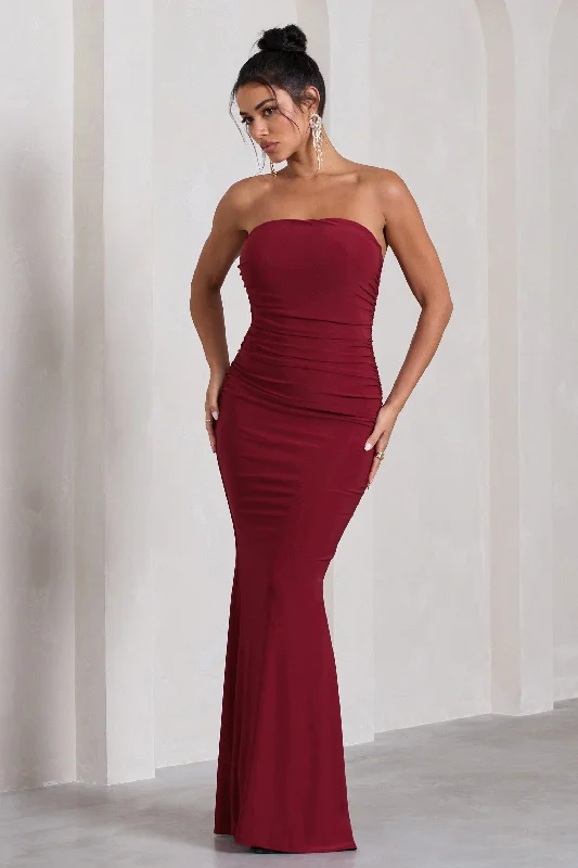 Bid Farewell To The Old Season Wren | Berry Ruched Bandeau Maxi Dress Elegant Contour