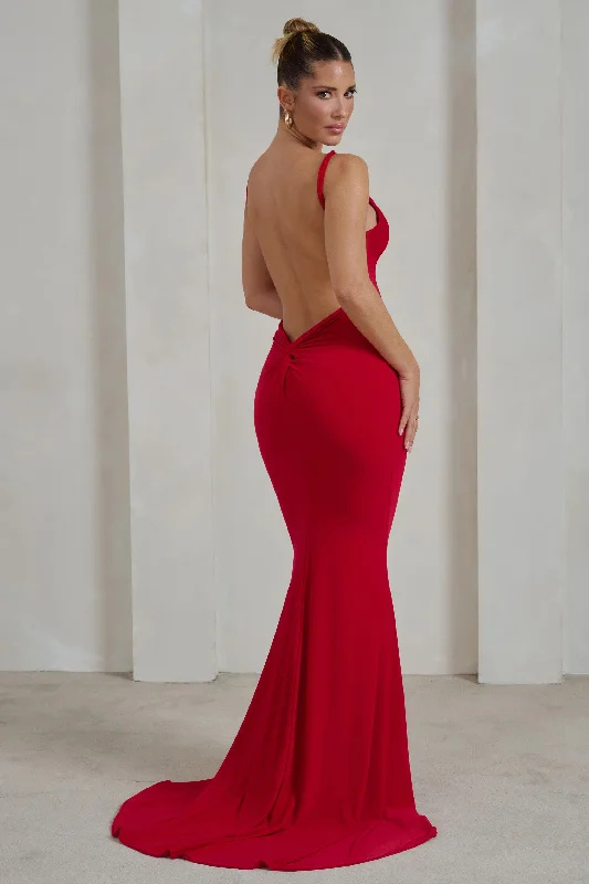 Fashion Forward Endless Love | Red Backless Knot Detail Fishtail Maxi Dress Boho Chic