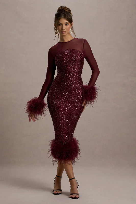 Limited Time Special Offer Afterglow | Port Sequin Long-Sleeve Midi Dress With Feather Trims Chic Allure